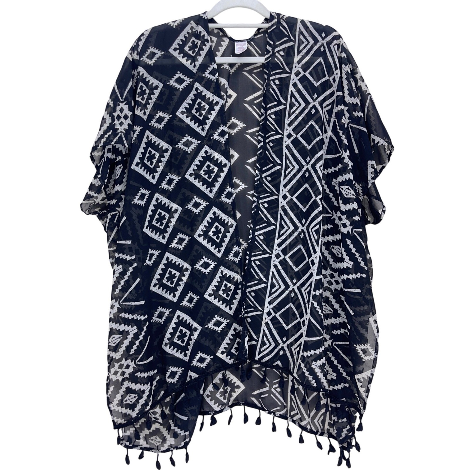 Black White Geometric Tribal Kimono One Size Tassel Fringe